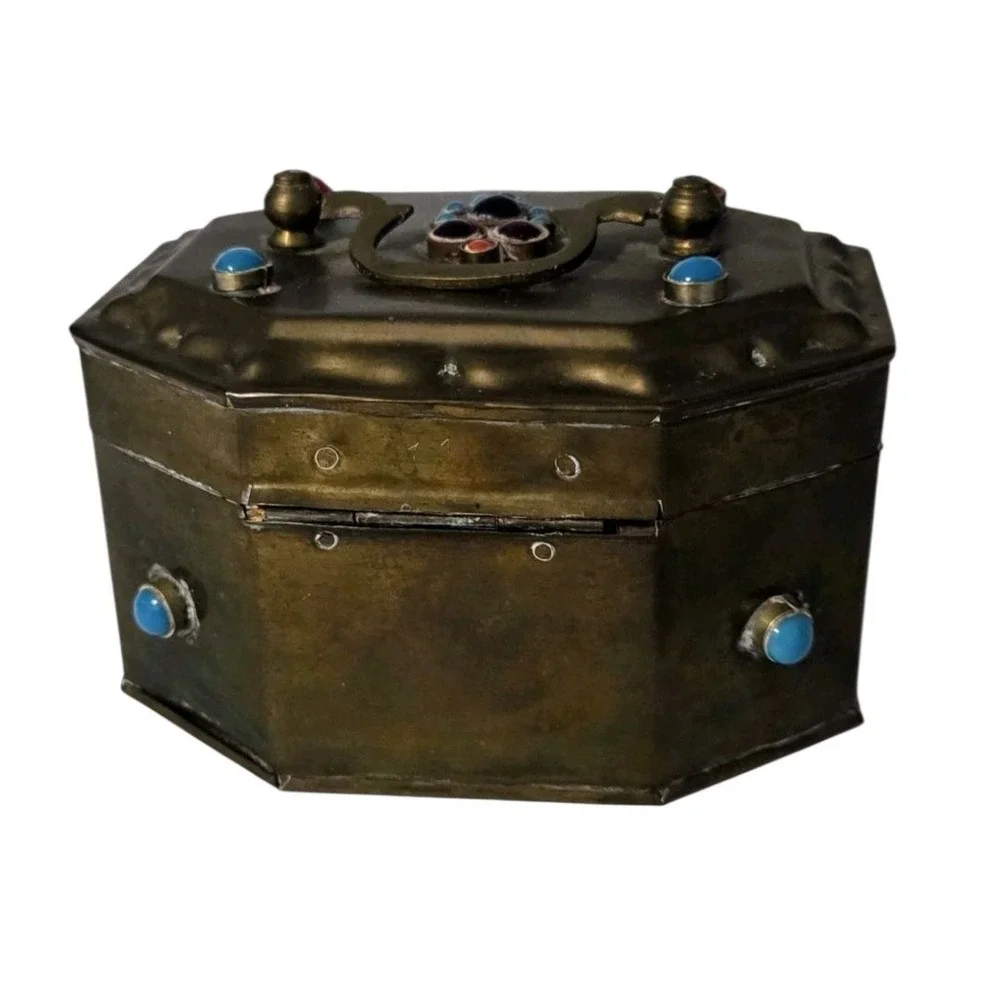 Vintage Brass Octagon Hinged‎ Trinket Box Inlayed Cabochons Patina Beads Handle